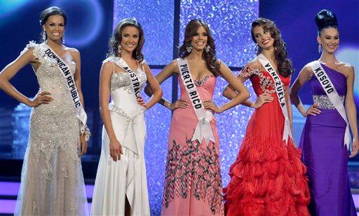 Miss Universe 2009 contestants line up after finishing in the top five at the the Miss Universe beauty pageant in Nassau, Bahamas, Sunday, Aug. 23, 2009.