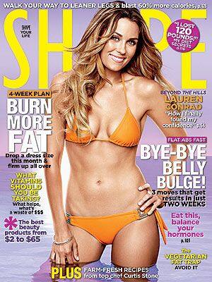 Sexy Lauren Conrad in an orange bikini on the cover of 'Shape' magazine.