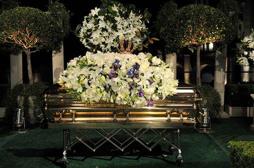 Michael Jackson's casket rests during the funeral service held at Glendale Forest Lawn Memorial Park on Sept. 3, 2009 in Glendale, Calif.