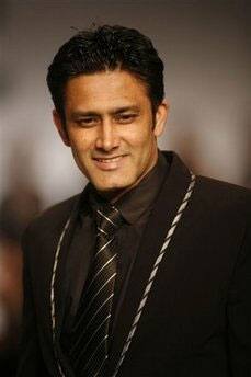 Former Indian cricketer Anil Kumble wears a creation by designer Manoviraj Khosla at the Van Heusen India Men's fashion week in New Delhi.