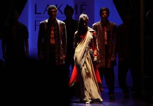 Models showcase a creation by designer Manish Malhotra on the second day of the Lakme Fashion Week 2009 in Mumbai, India.