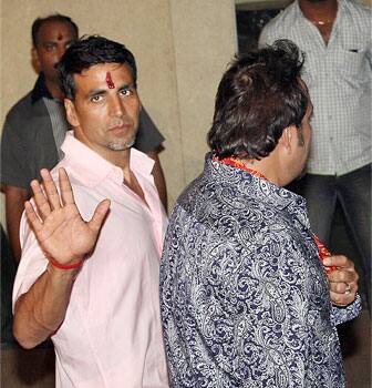 Sanjay Dutt and Akshay Kumar arrive for Mata ki chauki at the home of actor Sanjay Dutt on the occasion of Navratri in Mumbai.