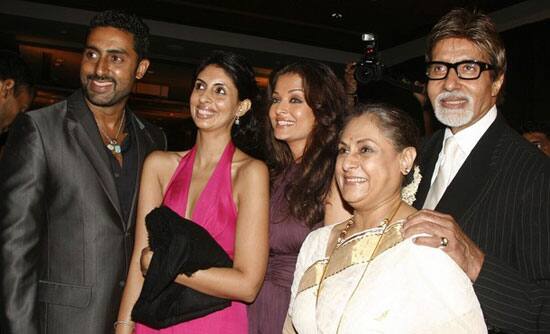 Bollywood actors Amitabh Bachchan (R), his wife Jaya Bachchan (2nd R), son Abhishek Bachchan (L), daughter-in-law Aishwarya Rai Bachchan (C) and daughter Shweta Nanda pose for a picture during the 