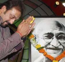 Munnabhai salutes Bapu: Sanjay Dutt pays homage to Gandhi on the set of a TV reality show.