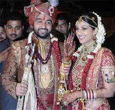 Shilpa Shetty and Raj Kundra smile after their marriage ceremony. 