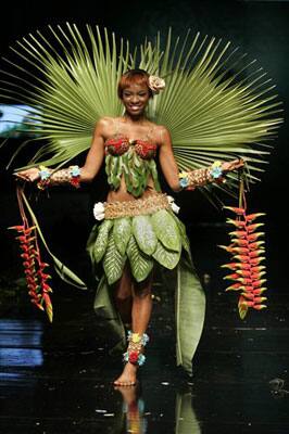 A model showcases a creation made of leaves and flowers by Colombian designer Angela Aponte during the Bio Fashion show in Colombia.