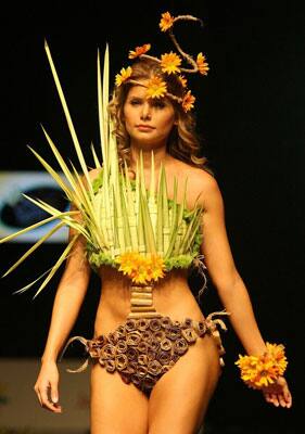 A model presents a creation by designer Nataly Jojoa during the Biofashion show