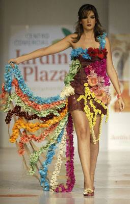 A model presents a creation by Colombian designer Juan Herrera during the Biofashion show