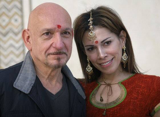 British actor Ben Kingsley (L) and his wife Daniela pose for a picture during their visit at the historic Taj Mahal in the northern Indian city of Agra