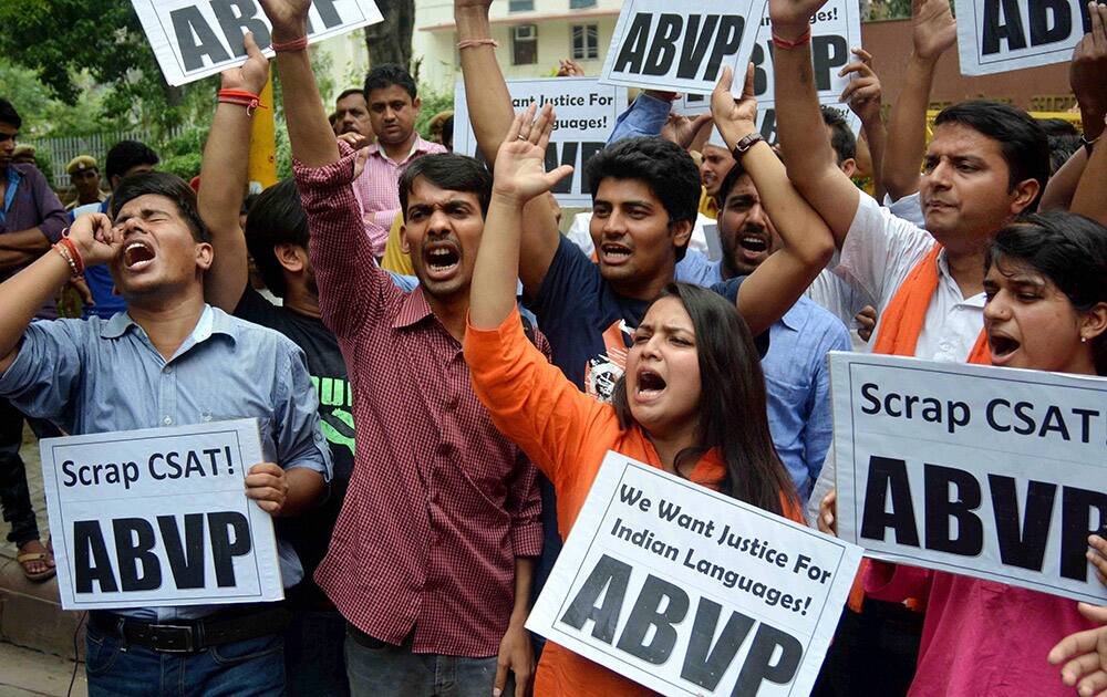 ABVP members staging a demonstration against CSAT format in Civil Services Examination outside UPSC in New Delhi.