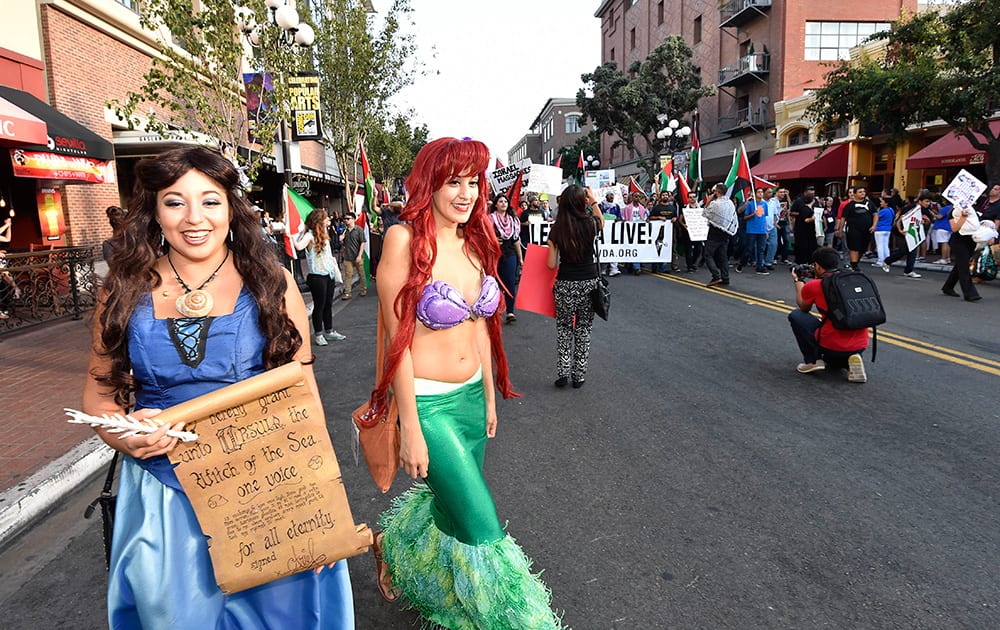 Costumed Comic-Con fans get out of the way as pro-Palestinian demonstrators march in the Gaslamp Quarter outside of the San Diego Convention Center on day two of the 2014 Comic-Con International Convention held in San Diego.