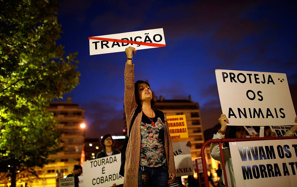 A woman holding a placard that reads: `Tradition,` shouts slogans during a protest with others against bullfights outside Lisbon`s Campo Pequeno bullring. Others placards read in Portuguese: `Bullfight is cowardice` and `Protect animals.`