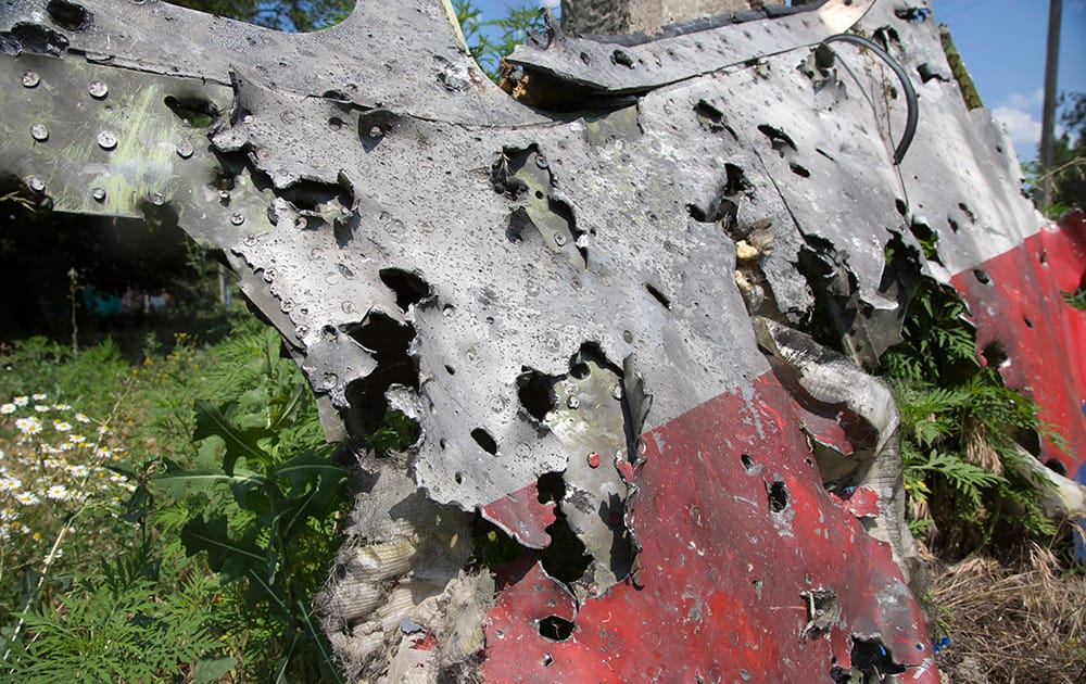 A piece of the crashed Malaysia Airlines Flight 17 lies in the village of Petropavlivka, Donetsk region, eastern Ukraine. Independent military analysts said Wednesday that the size, spread, shape and number of shrapnel impacts visible in an AP photograph of a piece of the wreckage all point to a missile system like the SA-11 Buk.