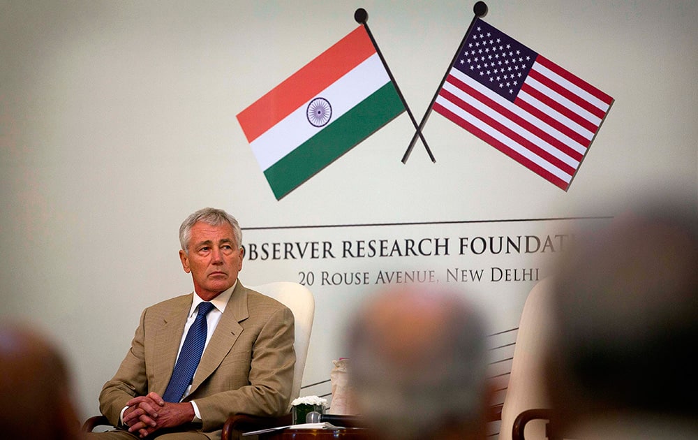 US Defense Secretary Chuck Hagel attends the 25th anniversary celebrations of the Observer Research Foundation in New Delhi.