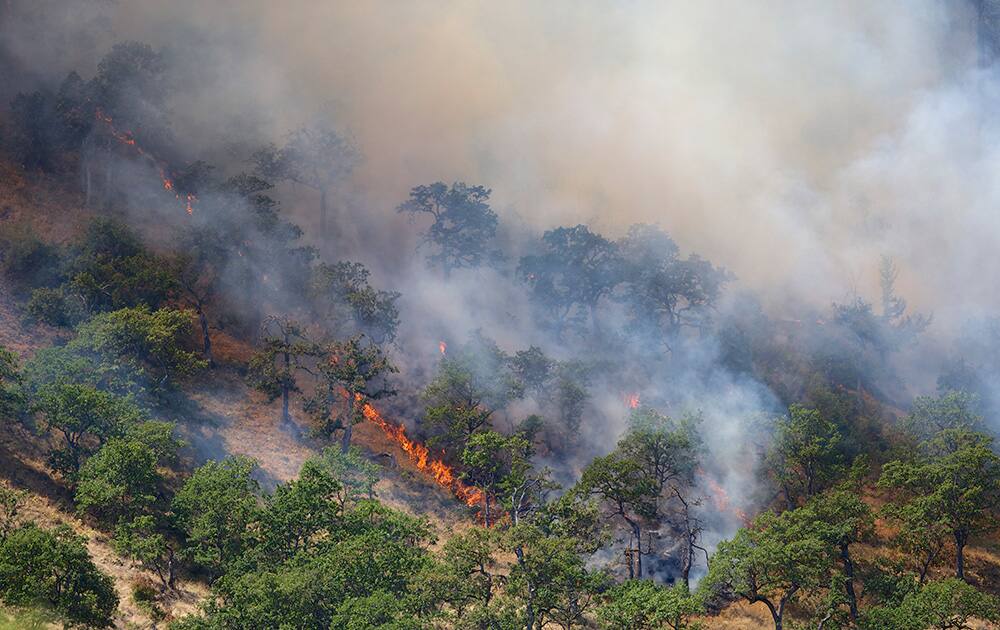 Fire crews on both the ground and in the air set fires Friday morning, to burn off fuel sources in the path of the wind-driven Rowena fire, west of The Dalles, Ore.