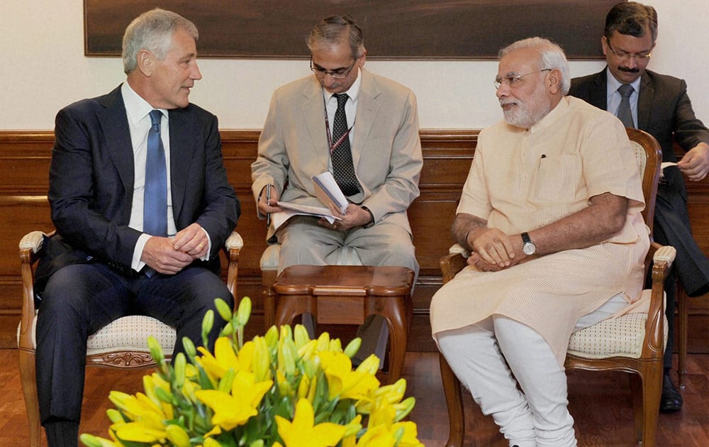 Prime Minister Narendra Modi with US Defence Secretary Chuck Hagel during a meeting in New Delhi.