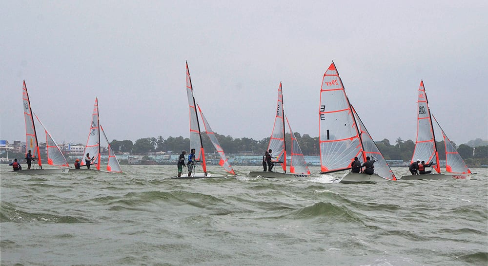 Sailors in action during the 1st 29er Inland National Sailing Championship, organised by Yachting Association of India at Upperlake in Bhopal.