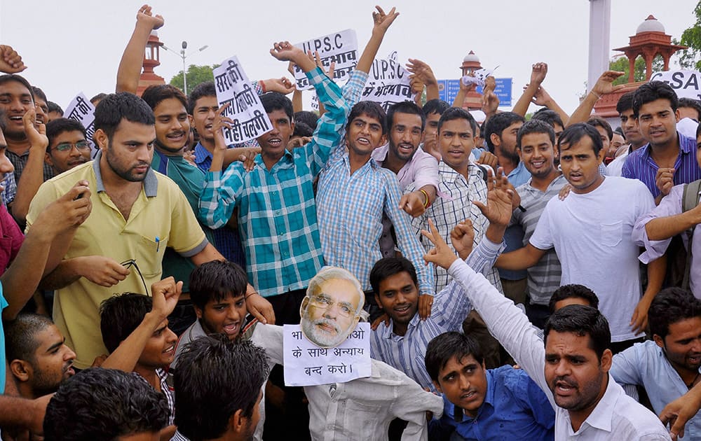 UPSC aspirants protesting against CSAT format in Civil Services Examination outside Rajasthan University in Jaipur.