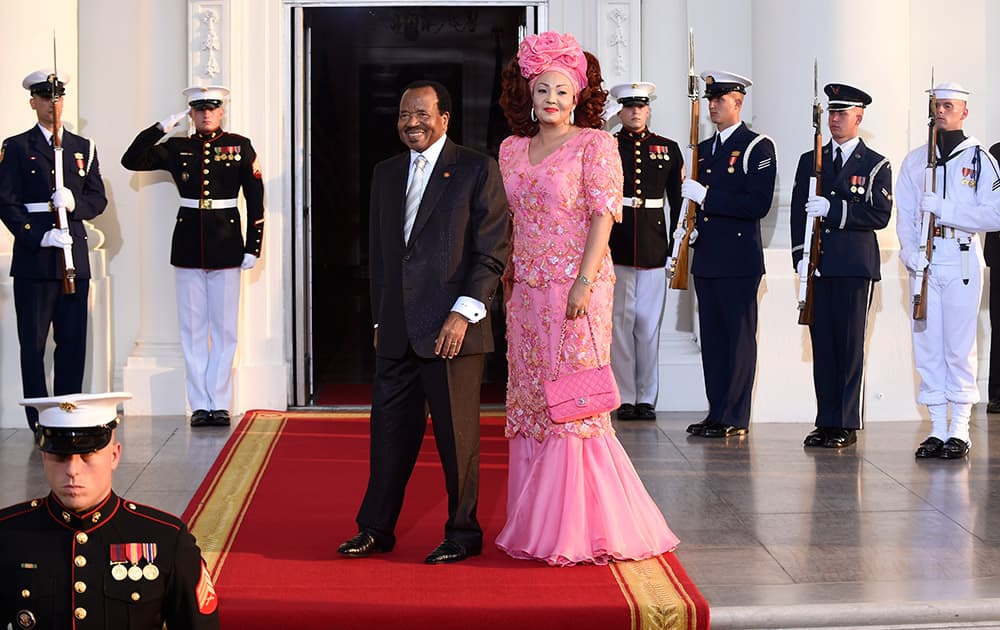 Cameroon President Paul Biya and his wife Chantal arrive for a dinner hosted by President Barack Obama for the US Africa Leaders Summit.