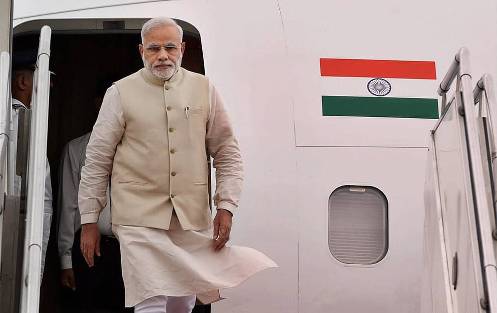 Prime Minister Narendra Modi on his arrival at Tribhuvan International Airport in Kathmandu, Nepal.