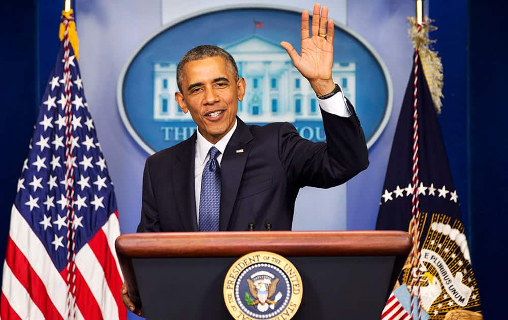 President Barack Obama gestures as he speaks in the Brady Press Briefing Room of the White House in Washington.