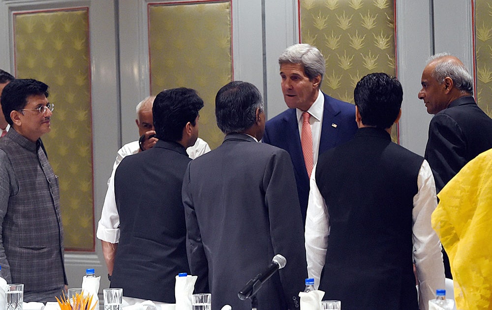 U S Secretary of State John Kerry with Power Minister Piyush Goel and some MPs during a meeting in New Delhi.