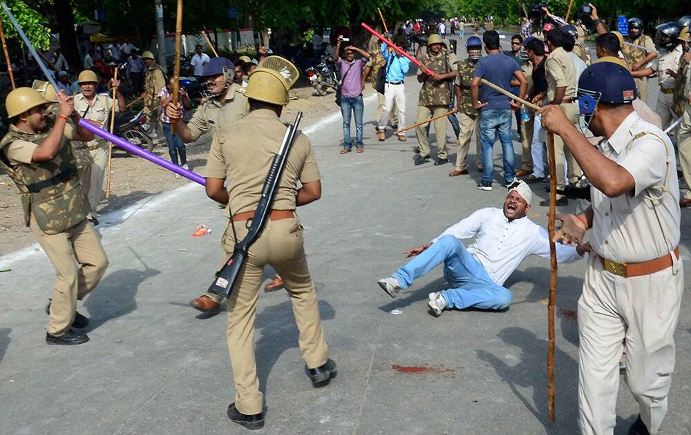 Police lathi charge ABVP students along with UPSC aspirants during a protest against UPSC Chairman D. P. Agrawal demanding a roll back of CSAT in front of Uttar Pradesh Public Service Commision office in Allahabad.