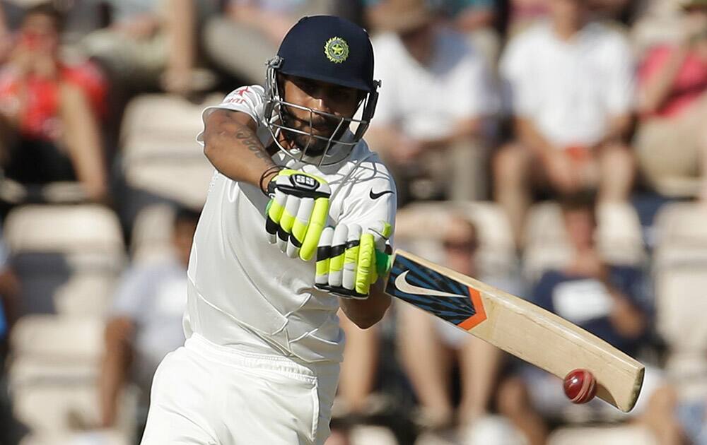 India`s Ravindra Jadeja hits a four during the third day of the third cricket test match of the series between England and India at The Ageas Bowl in Southampton.