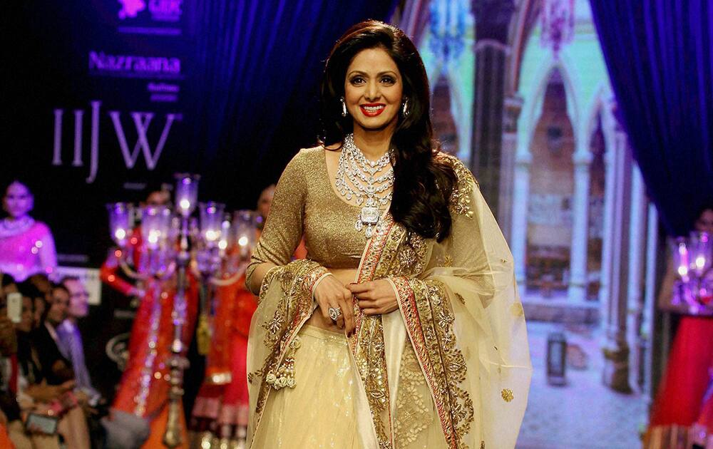 Bollywood actor Sridevi walks the ramp during the India International Jewellery Week (IIJW) in Mumbai