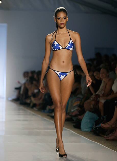 A model walks down the runway wearing swimwear designed by Wildfox during the Mercedes-Benz Fashion Week Swim show in Miami Beach, Fla.