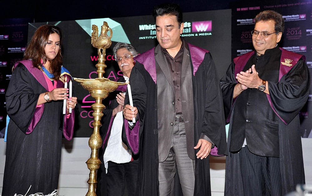 Bollywood actor Kamal Hassan, Screenwriter Javed Siddiqui, Meghna Ghai Puri, President, Whistling Woods International, filmmaker and founder Subhash Ghai during Whistling Woods International's 7th Annual convocation in Mumbai.