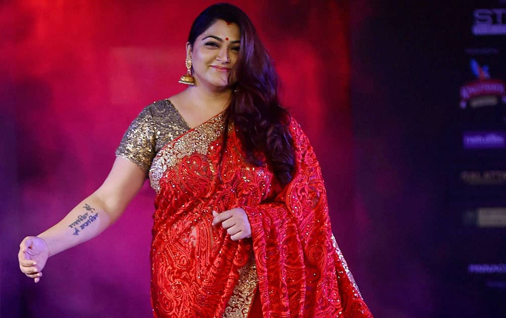 Actress Khushboo walks the ramp on the second day of 6th edition of Kingfisher Premium Chennai International Fashion Week 2014 in Chennai.