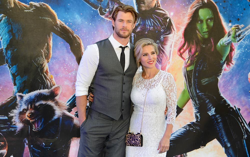 Australian actor Chris Hemsworth and Spanish model Elsa Pataky arrive for the European Premiere of Guardians Of The Galaxy at a central London cinema.