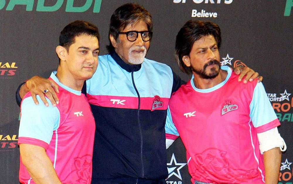 Bollywood actors Amitabh Bachchan with Aamir Khan and Shahrukh Khan during the pro kabaddi match played between U Mumba and Pink Panthares in Mumbai.