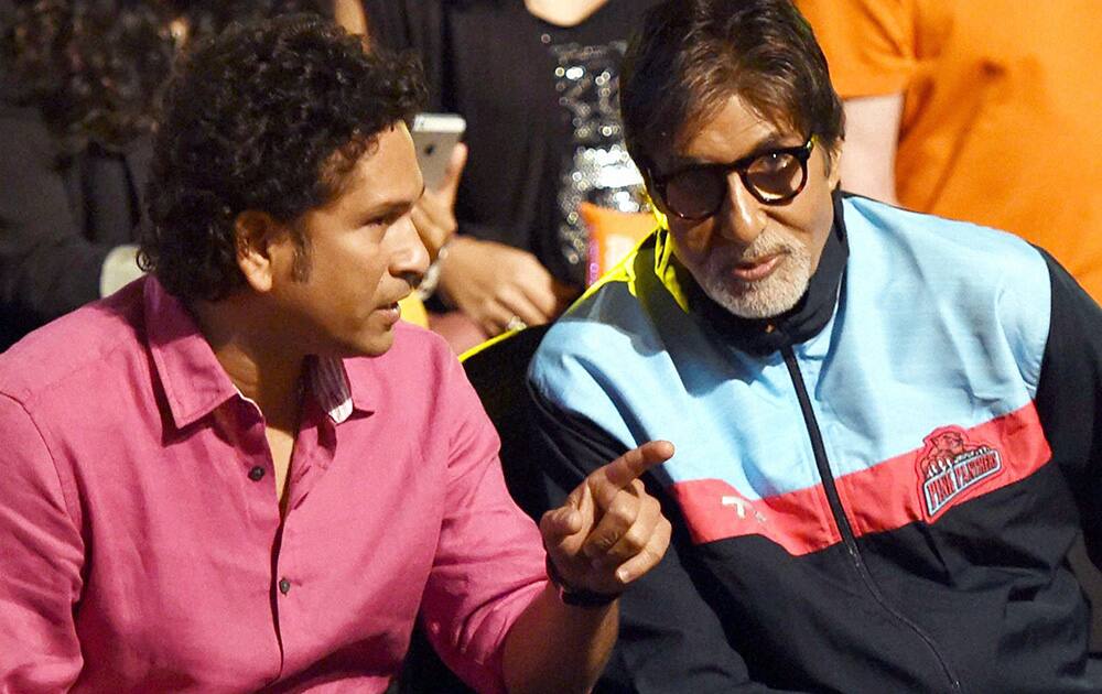 Amitabh Bachchan and cricket legend Sachin Tendulkar during the pro kabaddi match played between U Mumba and Pink Panthares in Mumbai.