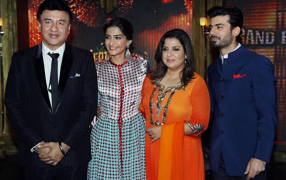 Bollywood music director Anu Malik, actor Sonam Kapoor, filmmaker Farah Khan and Pakistani actor Fawad Khan on the sets of a TV show to promote upcoming film Khoobsurat in Mumbai.