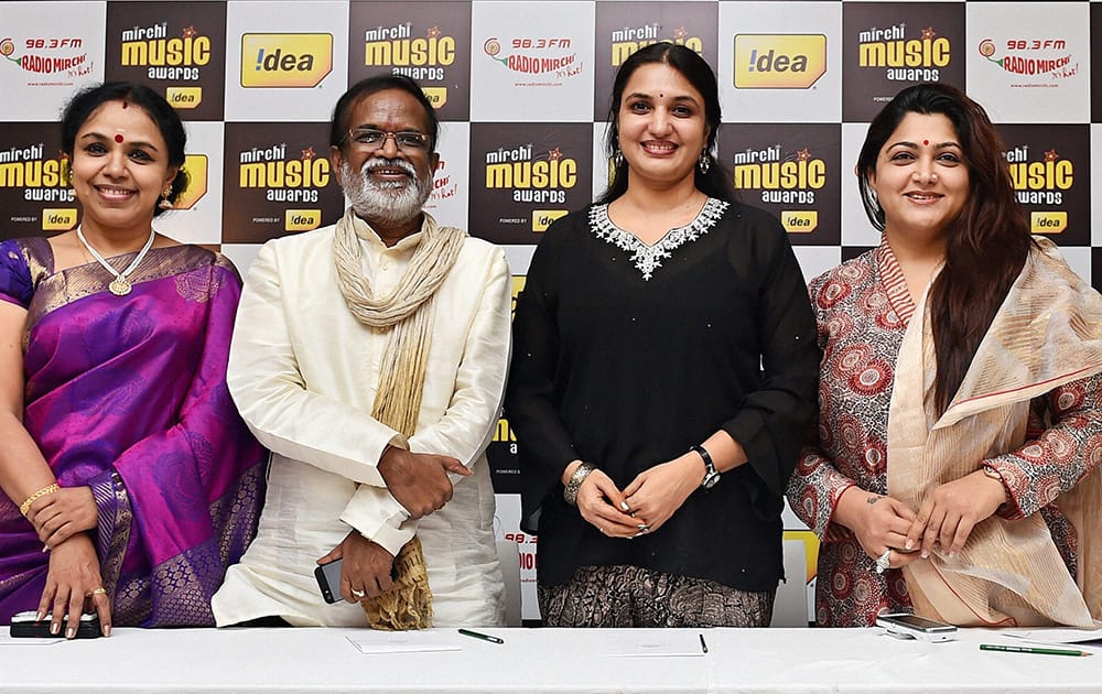 Actress Khushboo (R), Sukanya (2R), Music director Gangai Amaran (2L) and Carnatic composer and vocalist Sudha Raghunathan at a press conference in Chennai.