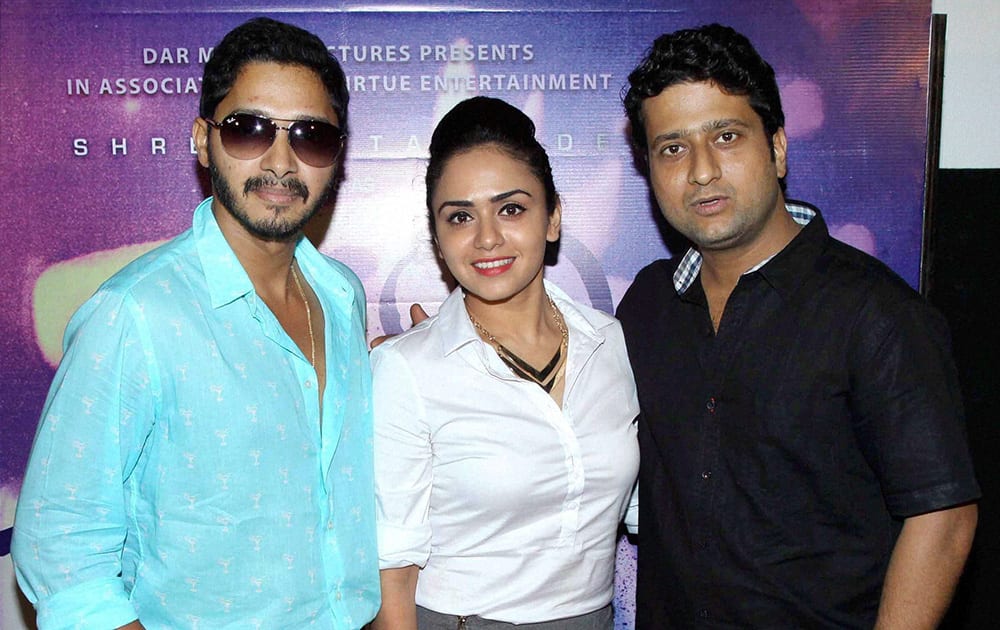 Bollywood actors Shreyas Talpade, Amruta Khanvilkar and Jitendra Joshi during the trailer launch of Marathi film Baji in Mumbai.