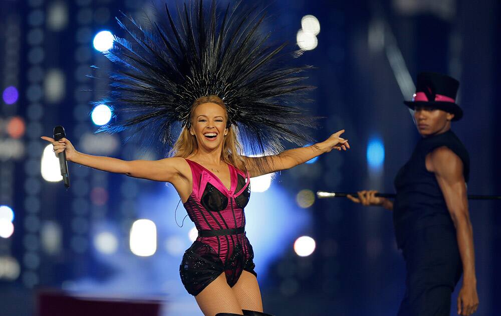 Australian pop singer Kylie Minogue performs on stage during the Closing Ceremony for the Commonwealth Games Glasgow 2014, at Hampden Park stadium, in Glasgow, Scotland.