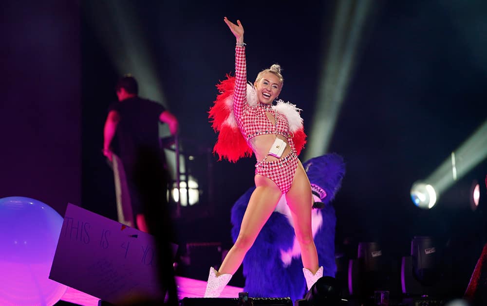 Miley Cyrus performs in concert at Bridgestone Arena, in Nashville, Tenn.