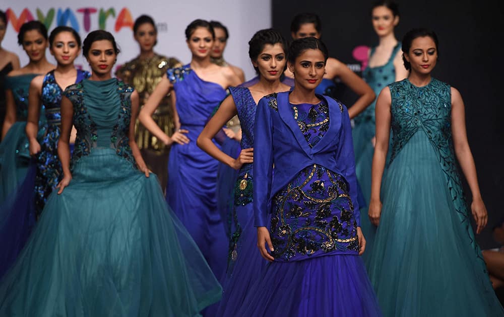 Models on the ramp to showcase the creation of designer Lalit Dalmia during the first day of Bangalore Fashion Week in Bengaluru.