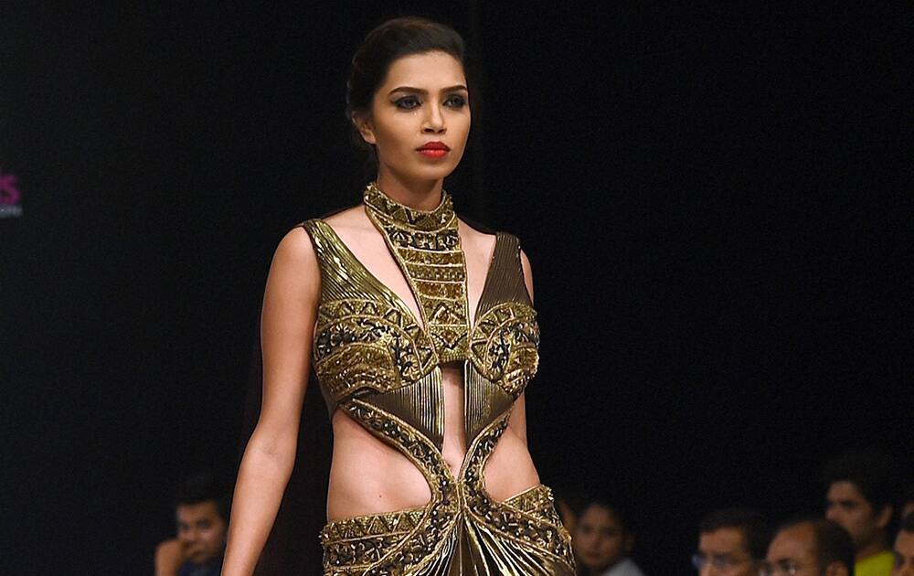 A Model on the ramp to showcase the creation of designer Lalit Dalmia during the first day of Bangalore Fashion Week in Bengaluru.