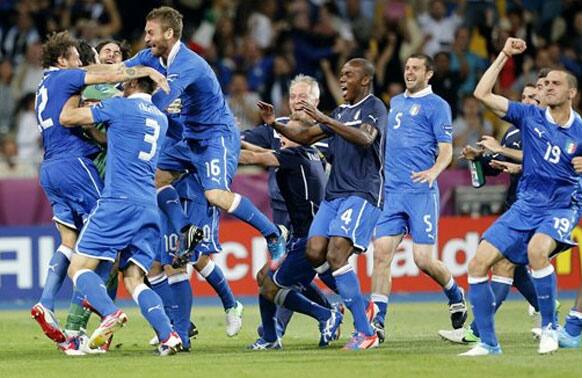 Italy players celebrate after Alessandro Diamanti scored the decisive penalty shootout during the Euro 2012 soccer championship quarterfinal match between England and Italy in Kiev, Ukraine.