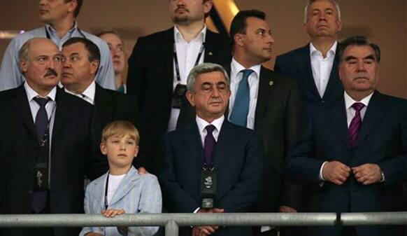 Belarus President Alexander Lukashenko, his son, Nikolay, Armenian President Serzh Sargsyan, center, President of Tajikistan, Emomali Rahmon, right, watch before the Euro 2012 soccer championship final between Spain and Italy in Kiev.