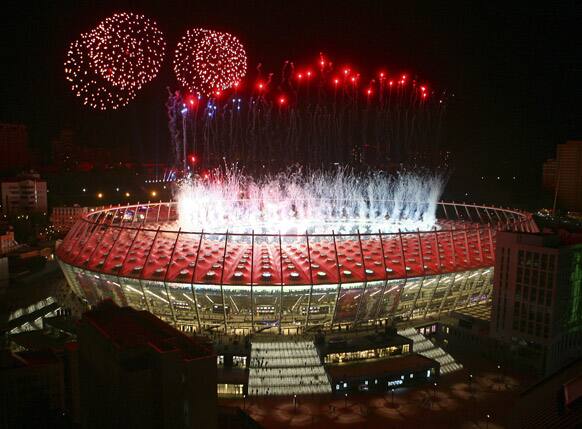 Fireworks explode above Olympiyskiy Stadium after Euro 2012 soccer championship final between Spain and Italy in Kiev, Ukraine.