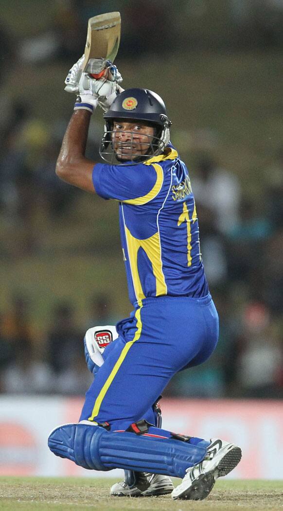 Sri Lanka's batsman Kumar Sangakkara bats during the first one-day international cricket match between Sri Lanka and India in Hambantota.