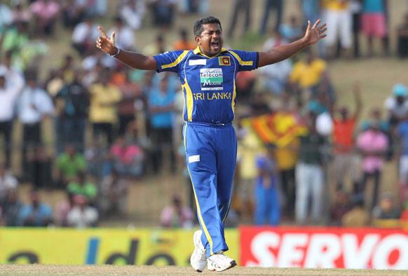 Sri Lanka's bowler Rangana Herath appeals successfully for a leg before the wicket decision against Indian batsman Zaheer Khan, unseen, during the second one-day international cricket match between Sri Lanka and India in Hambantota.