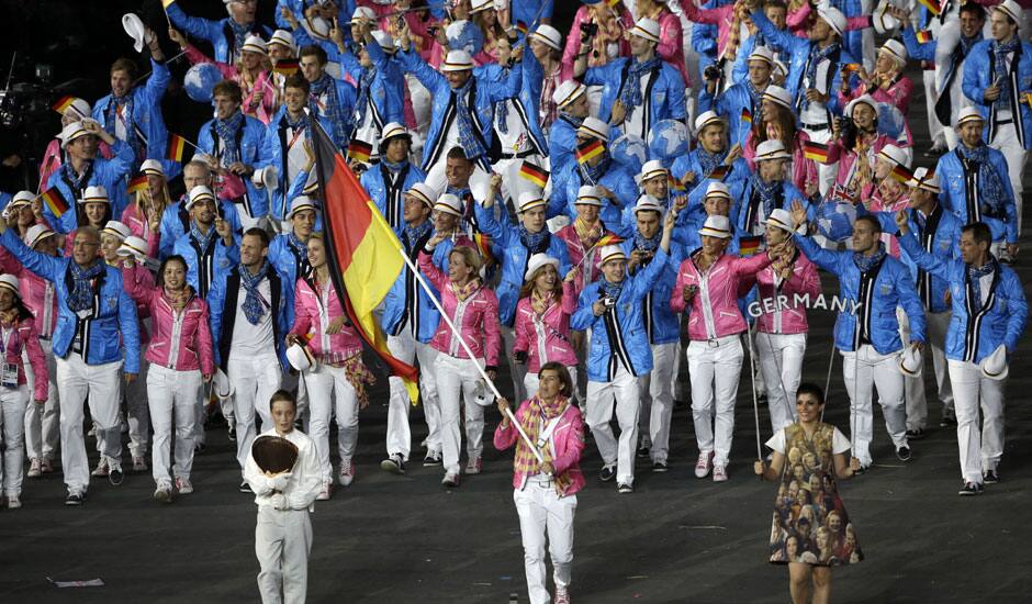 Germany's Natascha Keller carries the flag during the Opening Ceremony at the 2012 Summer Olympics in London.