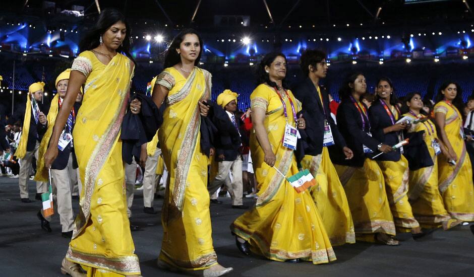 Sania Mirza of India, second from left, parades with fellow athletes during the Opening Ceremony at the 2012 Summer Olympics in London.