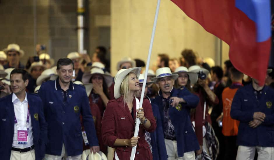 Russia's Maria Sharapova carries the flag during the Opening Ceremony at the 2012 Summer Olympics in London.